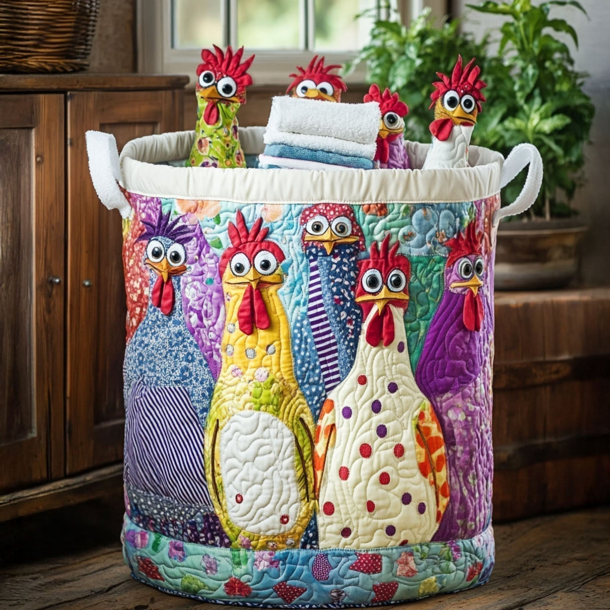 Quilted Hand-Sewn Basket with Rooster Motif 1
