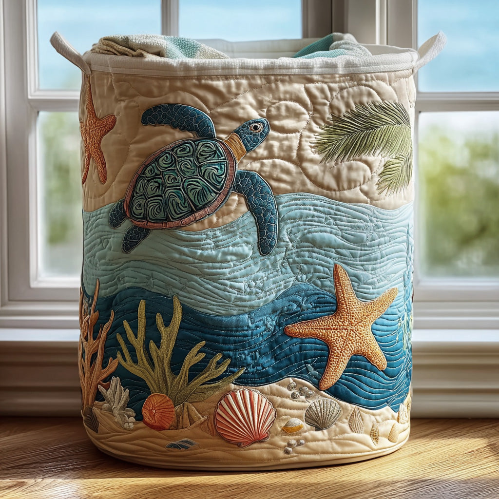 Round quilted basket with a sea turtle, starfish and shells on a wavy blue and sand-coloured design, towels spilling from the top by a window. 1