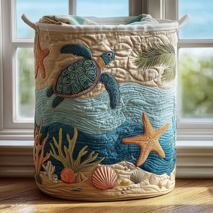 Round quilted basket with a sea turtle, starfish and shells on a wavy blue and sand-coloured design, towels spilling from the top by a window. 1