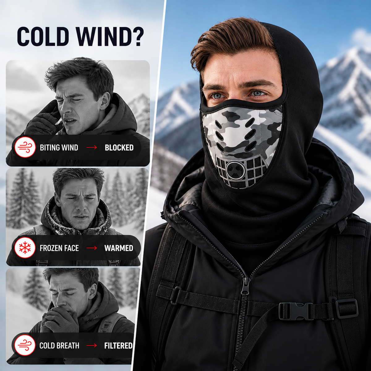 Man wearing the balaclava with grey camouflage vented panel in the mountains, beside three smaller shots of cold wind, frozen face and breath. 2