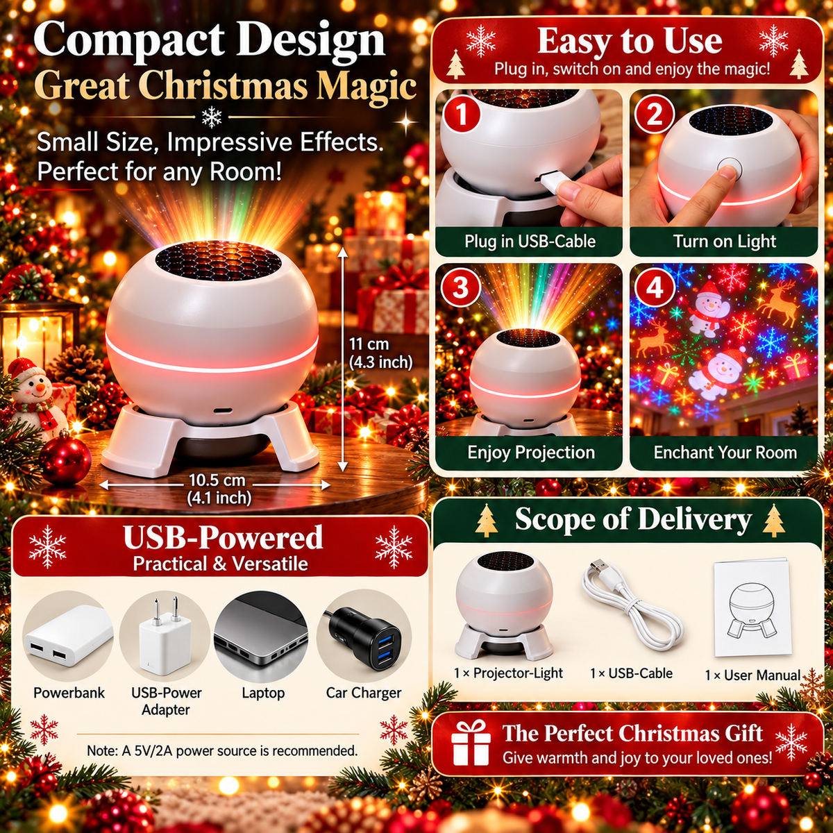Infographic showing the compact round projector with dimensions, four setup steps, USB power sources and the contents: projector, cable and manual. 5