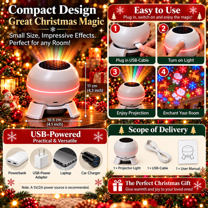 Infographic showing the compact round projector with dimensions, four setup steps, USB power sources and the contents: projector, cable and manual. 5