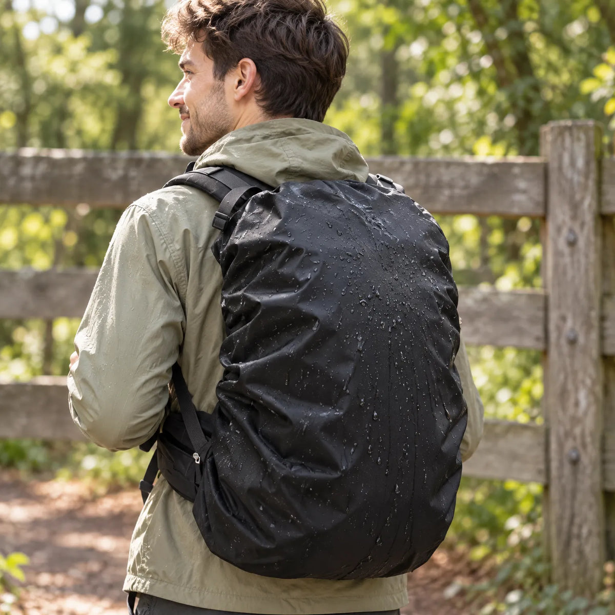Smiling man in an olive jacket walking along a woodland path, his backpack covered by a black rain cover dotted with water droplets. 3