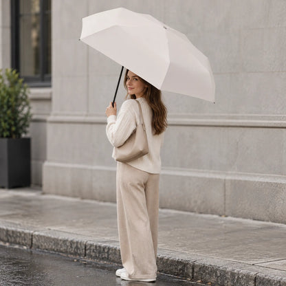 Woman in cream knitwear and beige trousers holds the open cream umbrella over her shoulder on a wet city pavement. 1