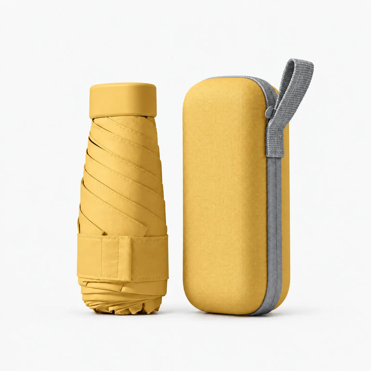 Folded mustard yellow umbrella with a Velcro strap beside its matching yellow hard case with a grey zip and carry loop. 11
