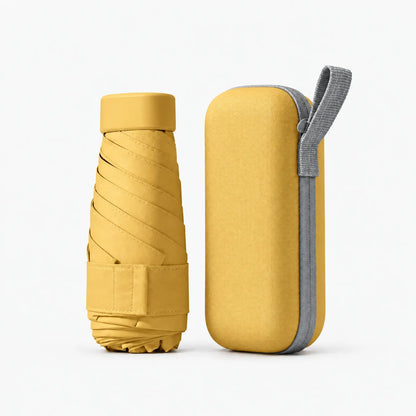 Folded mustard yellow umbrella with a Velcro strap beside its matching yellow hard case with a grey zip and carry loop. 11