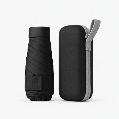 Folded black umbrella with a Velcro strap beside its matching black hard case with a light grey zip and carry loop. 12