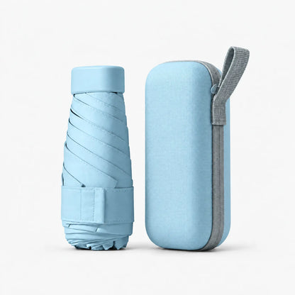 Folded light blue umbrella with a Velcro strap beside its matching blue hard case with a grey zip and carry loop. 13