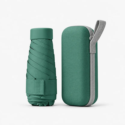 Folded dark green umbrella with a Velcro strap beside its matching green hard case with a grey zip and carry loop. 14