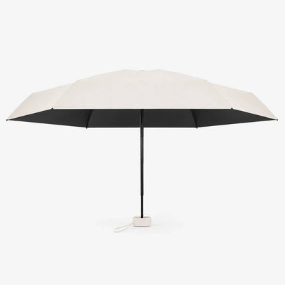 Open cream umbrella seen from the side, showing the black underside of the canopy, black shaft and cream handle with cord. 4