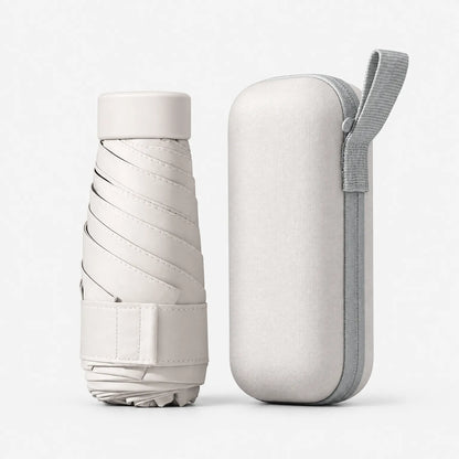Folded cream umbrella with a Velcro strap standing next to its matching cream hard case with grey zip and carry loop. 6