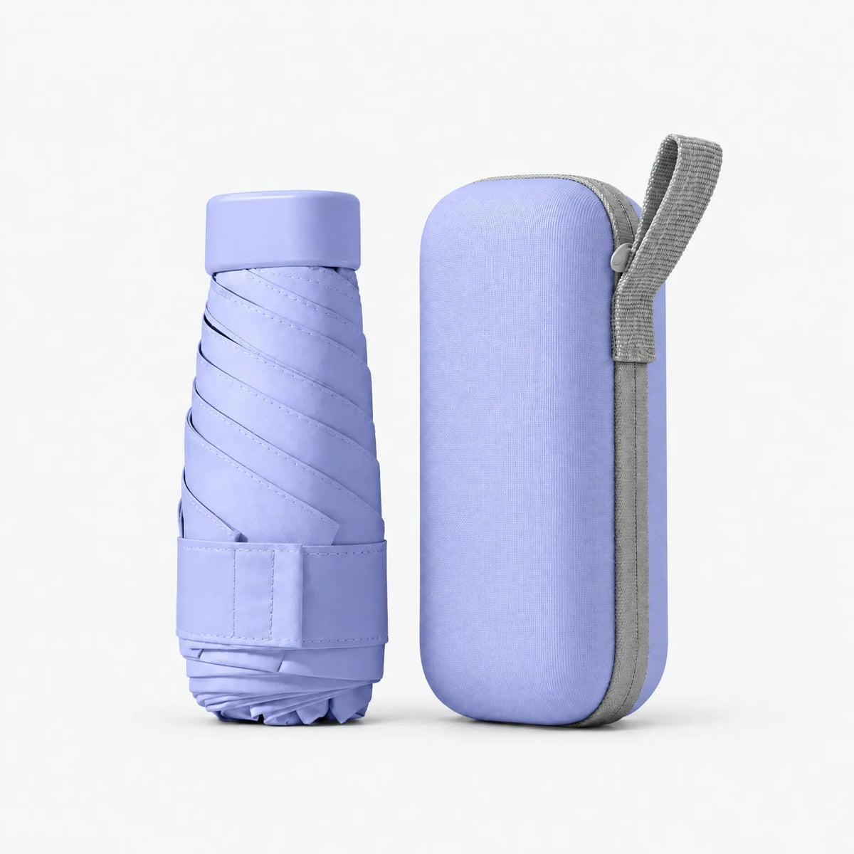 Folded lilac umbrella with a Velcro strap standing next to its matching lilac hard case with grey zip and carry loop. 7