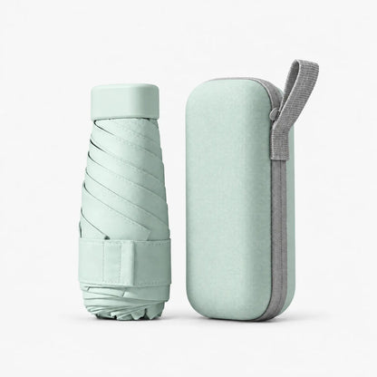 Folded pale green umbrella with a Velcro strap beside its matching hard case with a grey zip and carry loop. 8