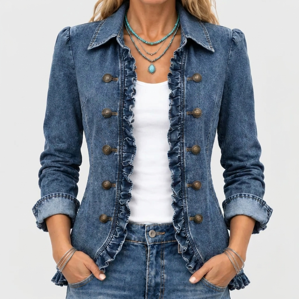 Close-up of the denim jacket's ruffled front edge and bronze buttons, worn over a white top 1