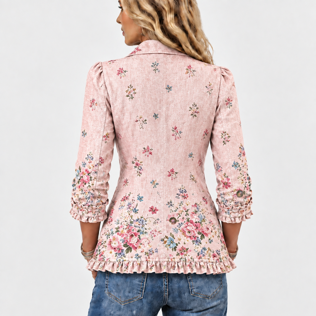 Back view of the pink jacket showing scattered floral print, denser flowers near the hem, ruffled cuffs and hem. 5