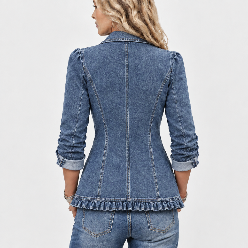 Back view of the denim jacket showing the seamed panels, puffed sleeves and ruffled hem 5