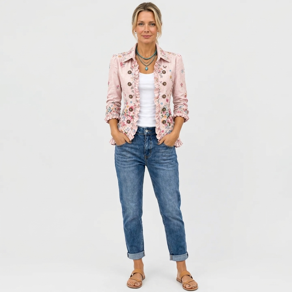 Full-length view of a model in the pink floral jacket with white top, rolled-up jeans and tan sandals. 4