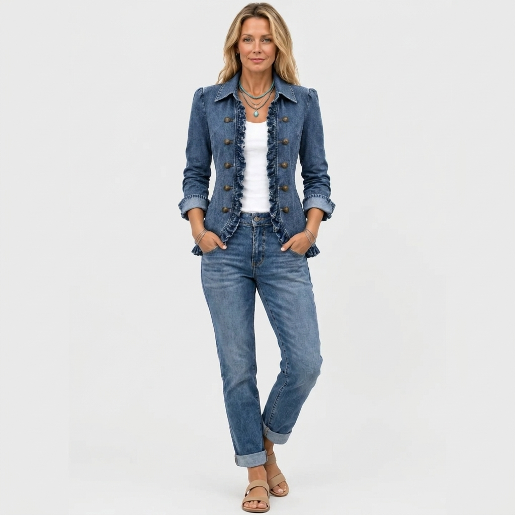 Full-length view of the jacket styled with rolled-up jeans and tan sandals 3