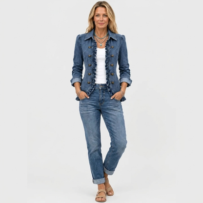 Full-length view of the jacket styled with rolled-up jeans and tan sandals 3
