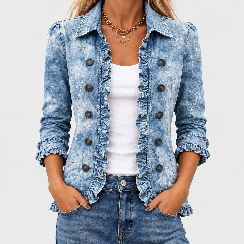 Close-up front view of the blue washed denim jacket with ruffled edges and dark buttons, worn open over a white top 1