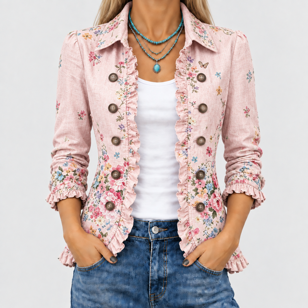 Close-up of the pink floral jacket worn open over a white top, showing ruffled edges, brown buttons and cuffs. 1