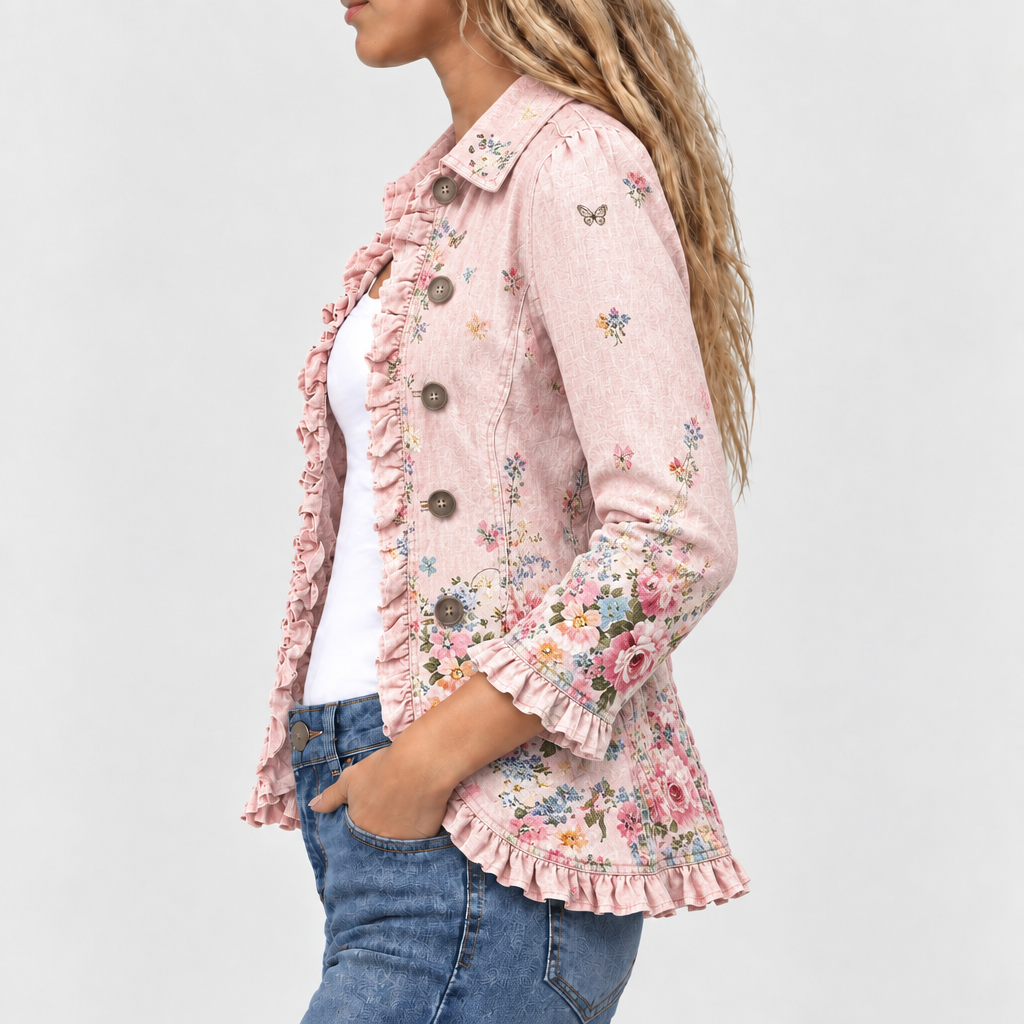 Side view of the pink floral jacket on a model, showing the ruffled front edge, buttons, cuff and hem. 3