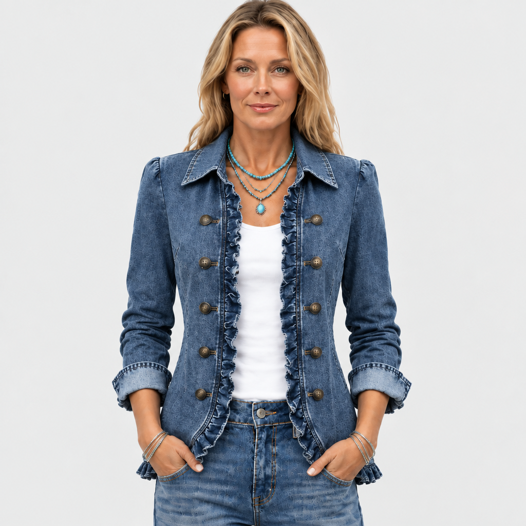 Woman facing the camera in the blue denim jacket, hands in pockets, with turquoise necklaces 2