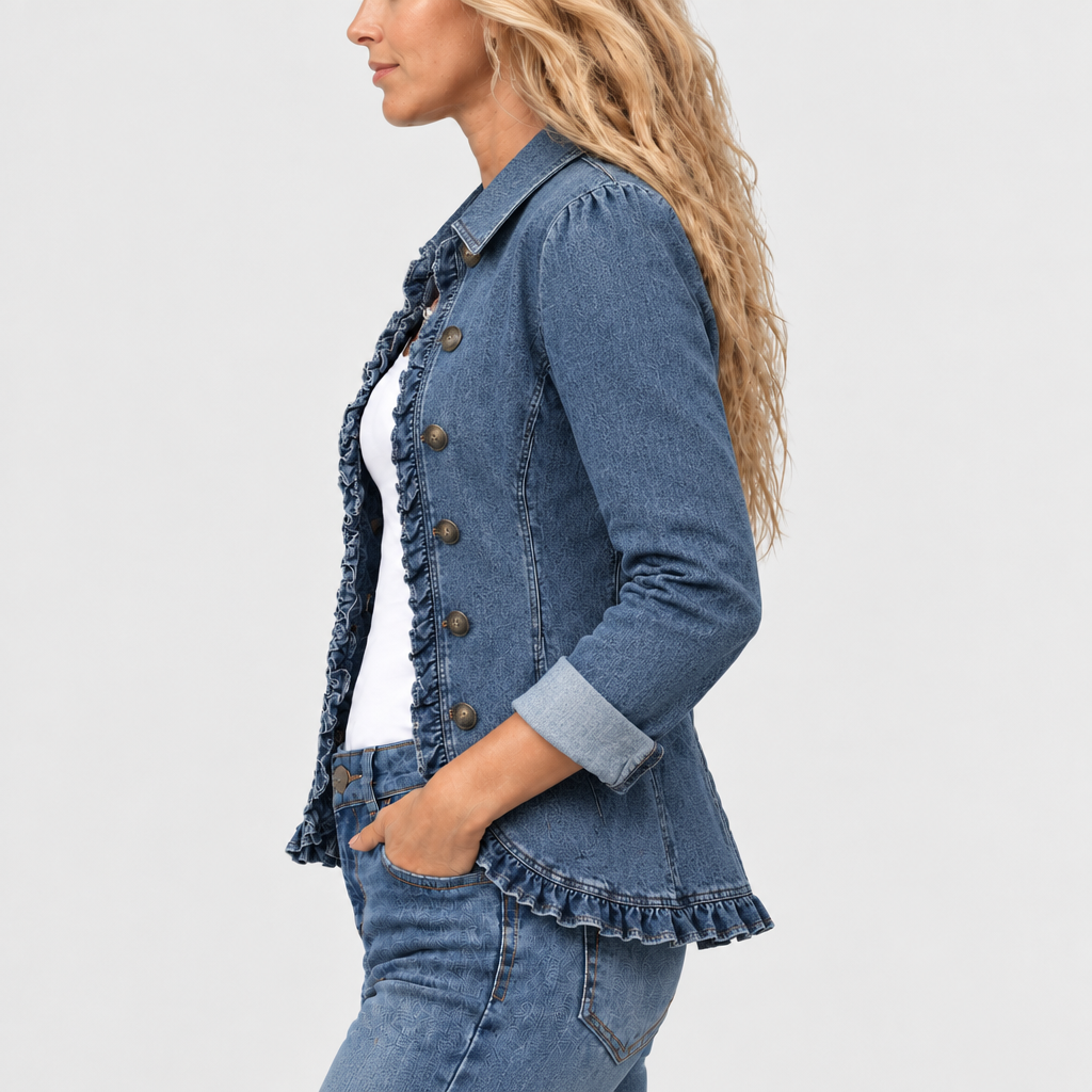 Side view of the jacket showing the buttons, puffed shoulder, cuffed sleeve and ruffled hem 4