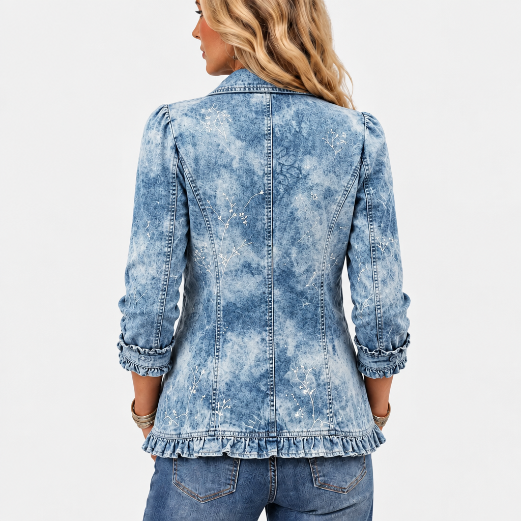 Back view of the washed denim jacket showing seamed panels, delicate white botanical print, ruffled cuffs and a ruffled hem 4