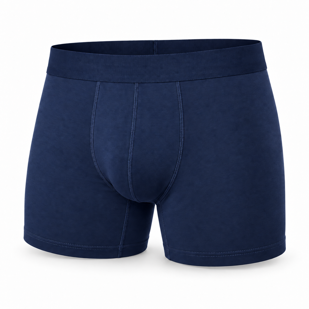 Single navy blue boxer brief seen from the front, showing the wide waistband, stitched front panel and hemmed leg openings. 4
