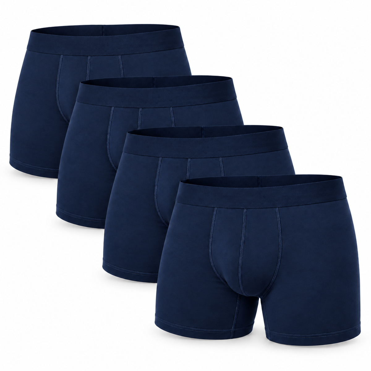 Four navy blue boxer briefs fanned out in an overlapping stack, showing the front panel seams and waistbands. 3