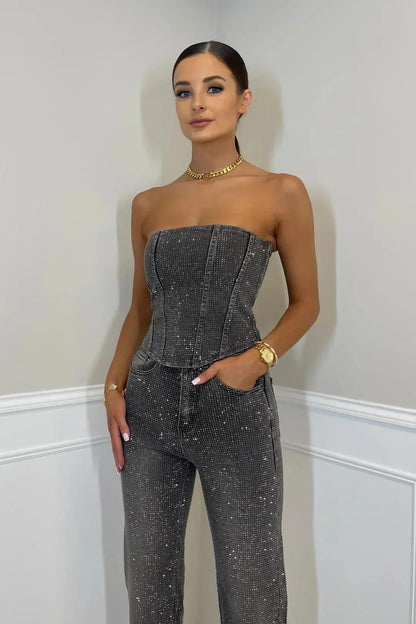 Sparkling ladies' trouser set with high-waisted jeans – Liora