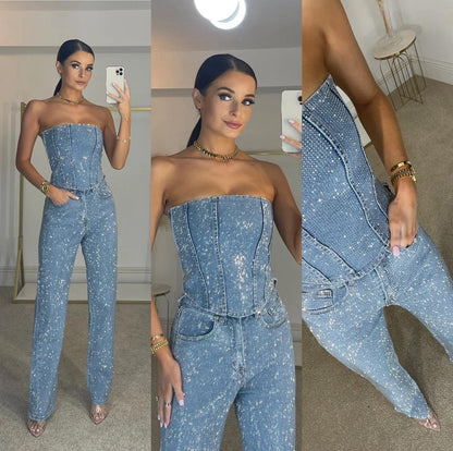 Sparkling ladies' trouser set with high-waisted jeans – Liora