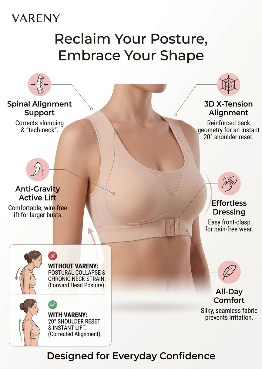 Beige bra on a model beside a labelled infographic on posture alignment, lift, front clasp and silky seamless fabric. 5