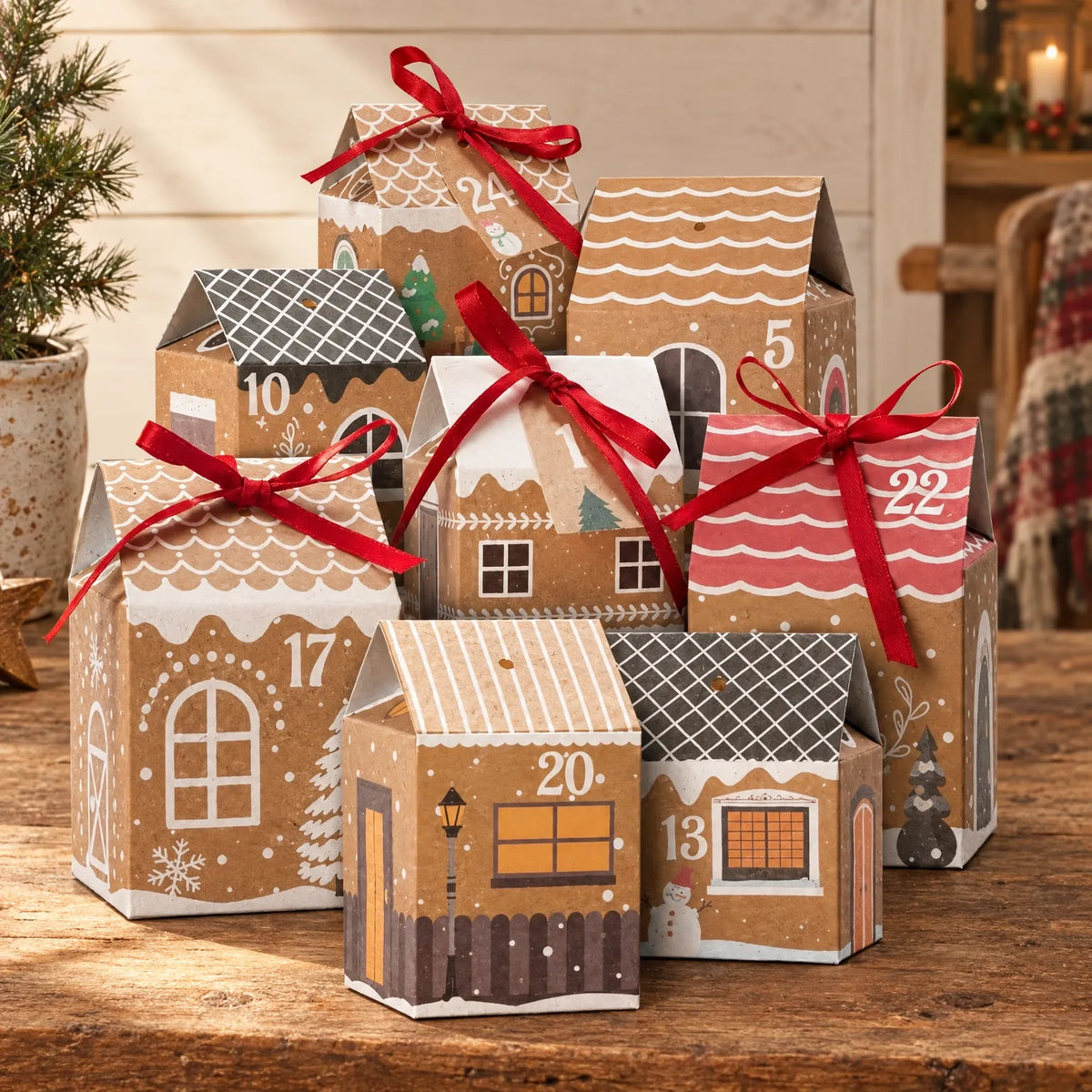Cluster of kraft paper house-shaped boxes with red ribbon bows, styled on a rustic wooden table beside a small Christmas tree. 1