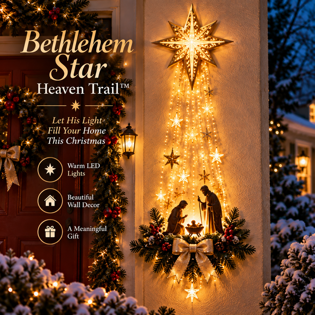 Lit star with trailing stars, nativity scene and gold bow on a porch wall by a wreathed door 7