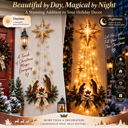 Side-by-side comparison of the decoration by day, unlit, and glowing warmly by night 5