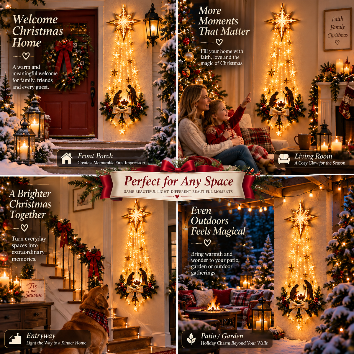 Four-panel collage showing the decoration on a front porch, in a living room, an entryway and a patio 6