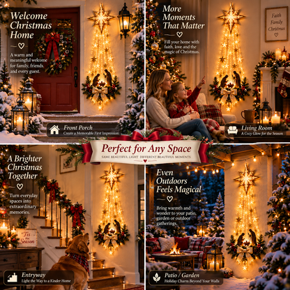 Four-panel collage showing the decoration on a front porch, in a living room, an entryway and a patio 6