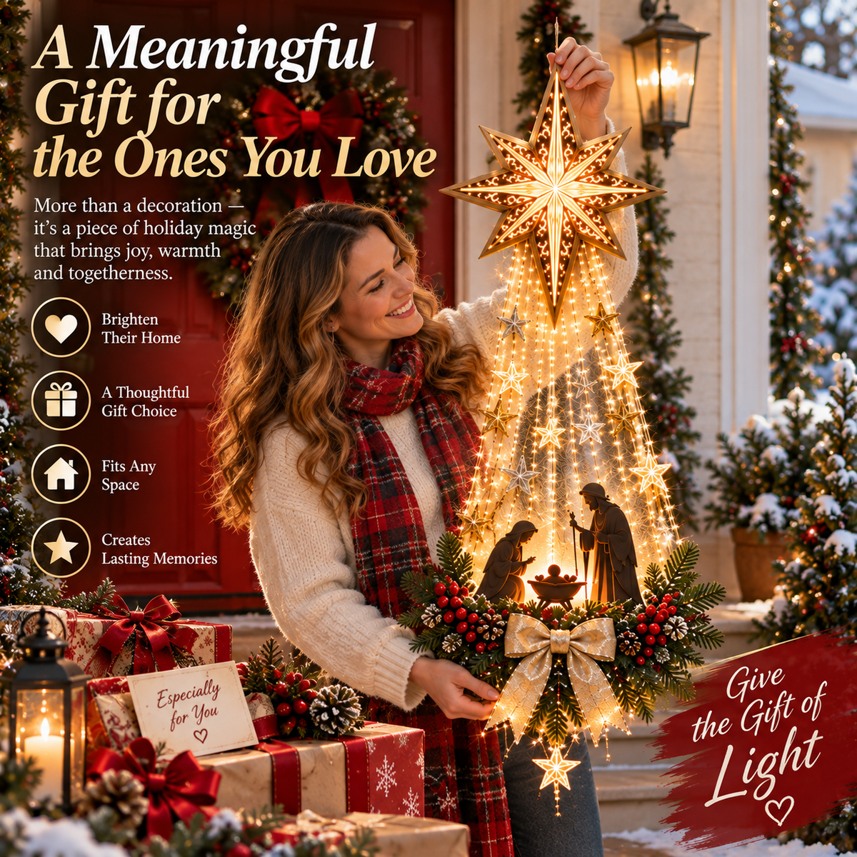 Smiling woman in a tartan scarf holding up the lit star, nativity scene and gold bow 9