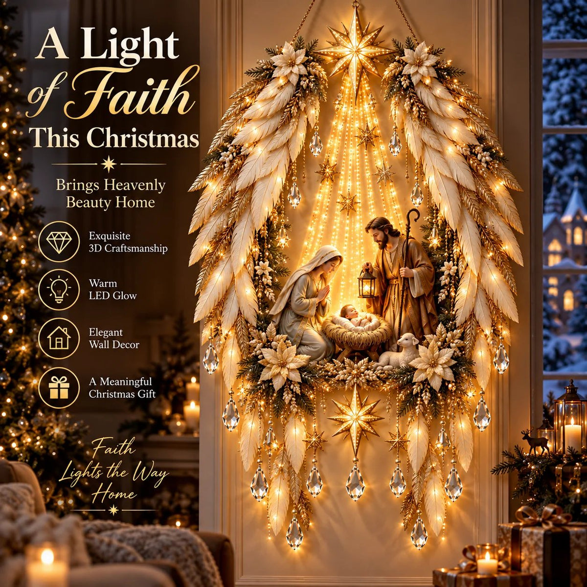 Alternative design with feathered angel wings, crystal drops and a nativity scene beside a Christmas tree 2