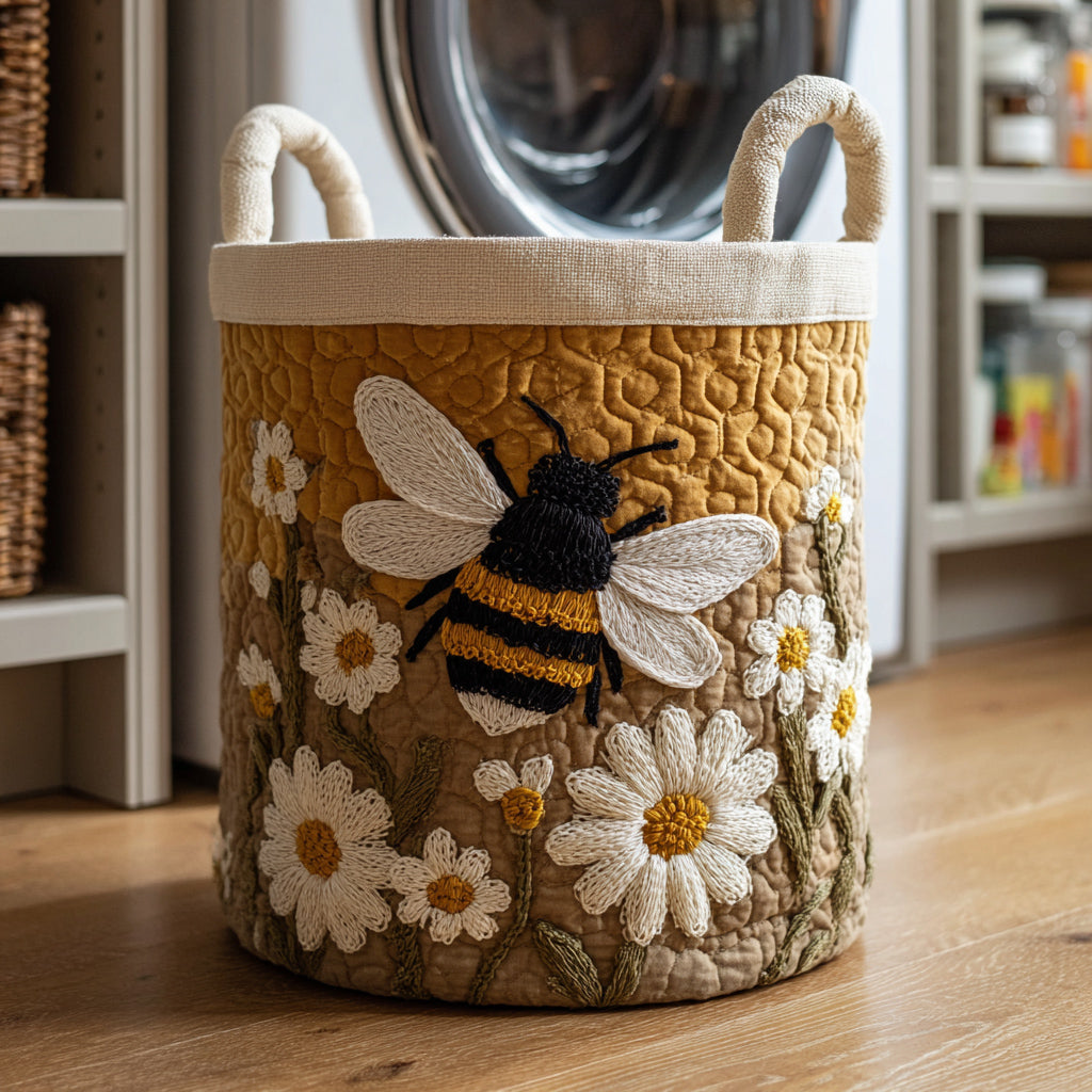 Front view of the quilted mustard basket with a large embroidered bee and daisies, standing on a wooden floor by a washing machine. 1