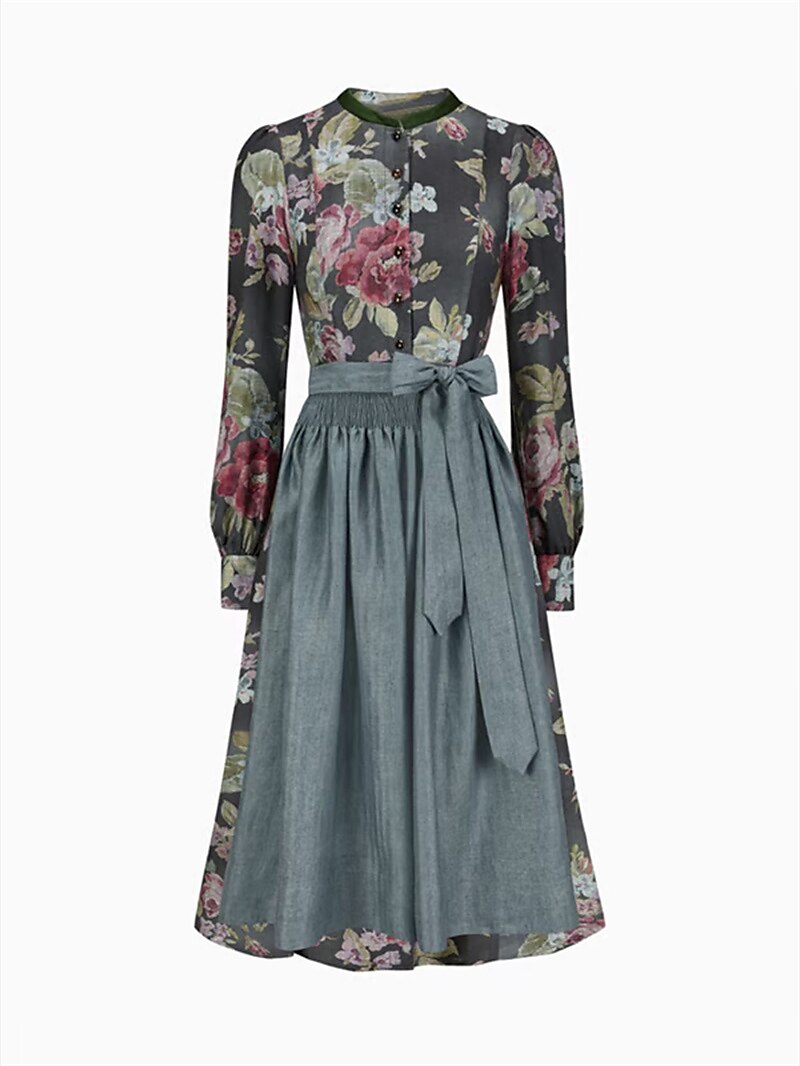 Women's Long Vintage Floral Dirndl Dress with Apron, Premium Fabric 1