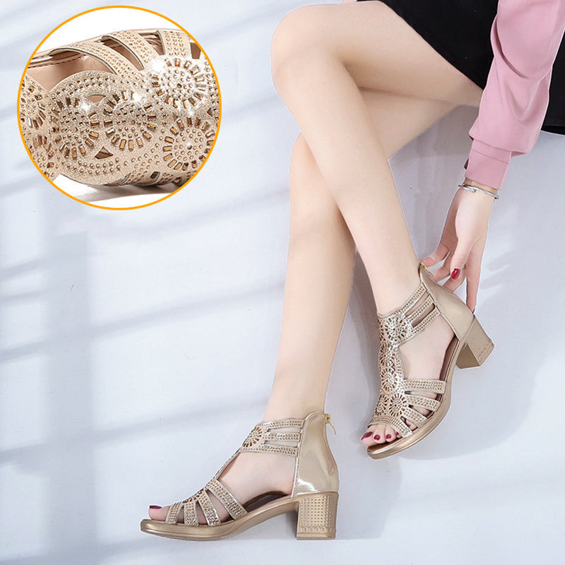Fashionable women's wedge sandals with rhinestones and zip – Yara