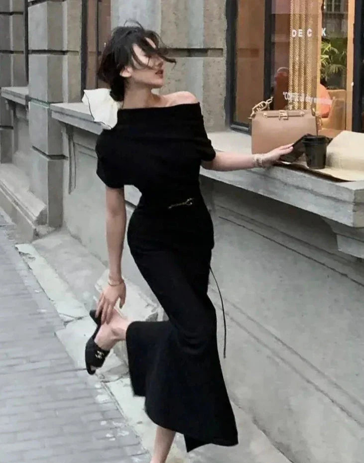 Elegant bodycon maxi dress with off-shoulder – Valentina