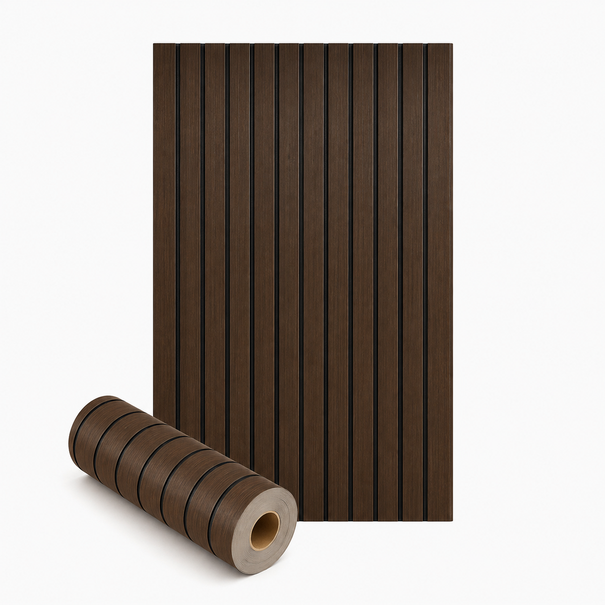 Dark brown slat panel shown flat next to a rolled-up roll with backing visible 28