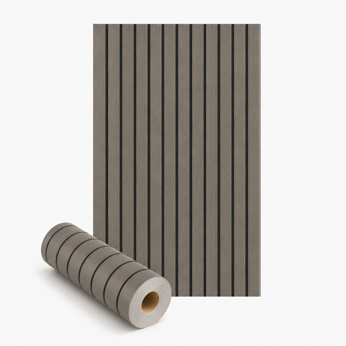 Grey-brown slat panel laid flat beside a rolled-up roll showing the paper backing 23
