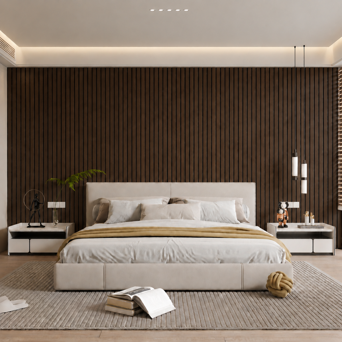 Bedroom with dark brown slat feature wall behind a cream bed and white bedside units 29