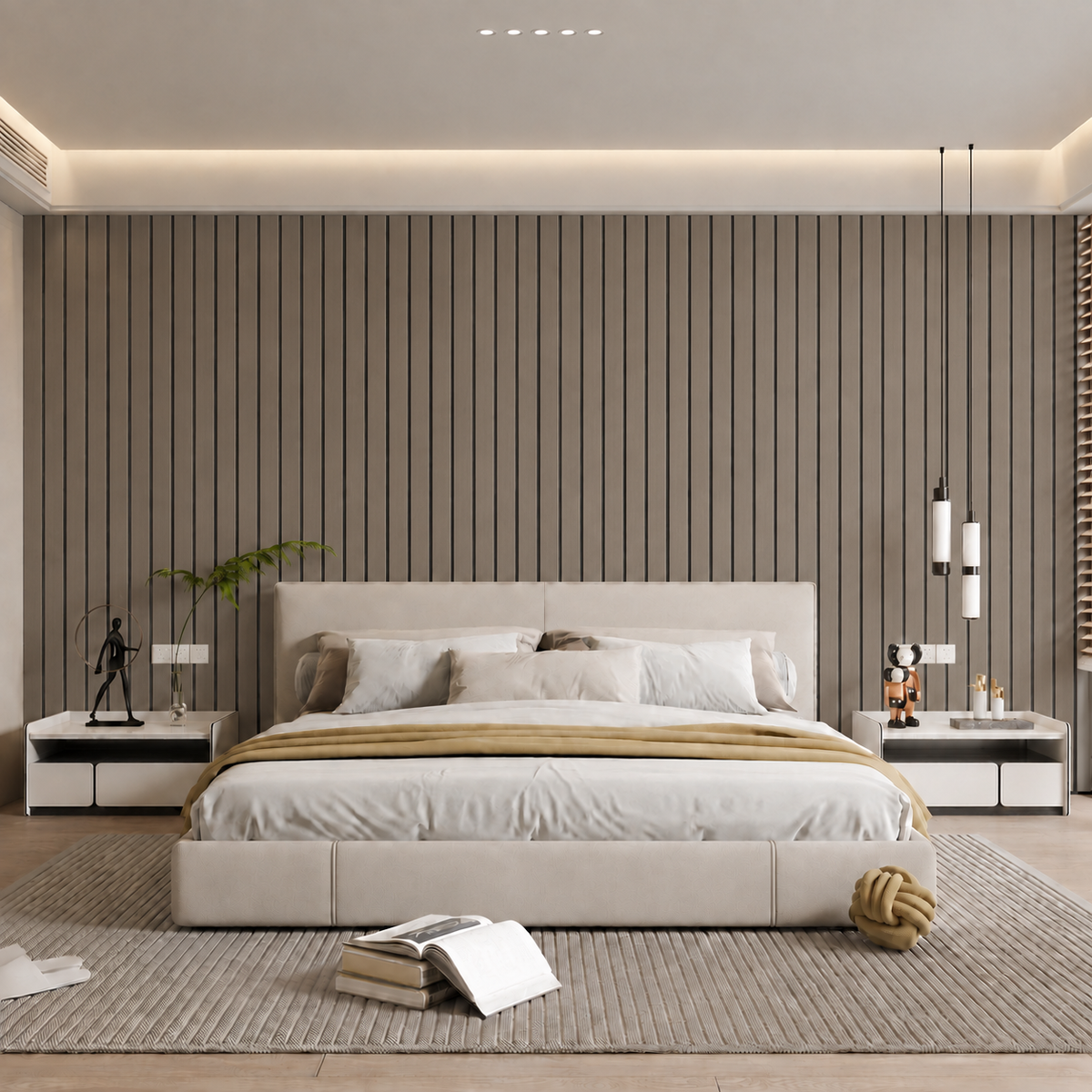 Bedroom with grey-brown slat feature wall behind a cream upholstered bed and bedside tables 24
