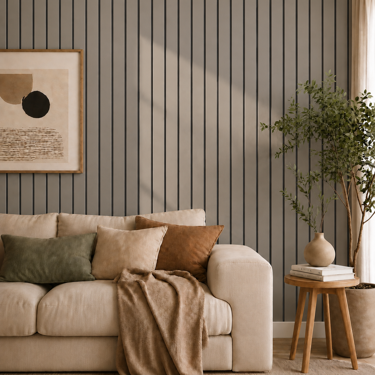 Living room with grey-brown slat wall above a cream sofa with cushions and a plant 25